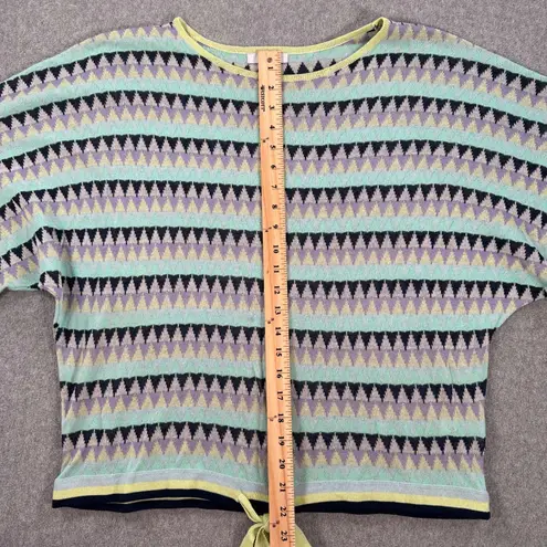 Fate Short Sleeve Tie Waist Knit Top Women's Medium Blue Green Stripe Linen Blen