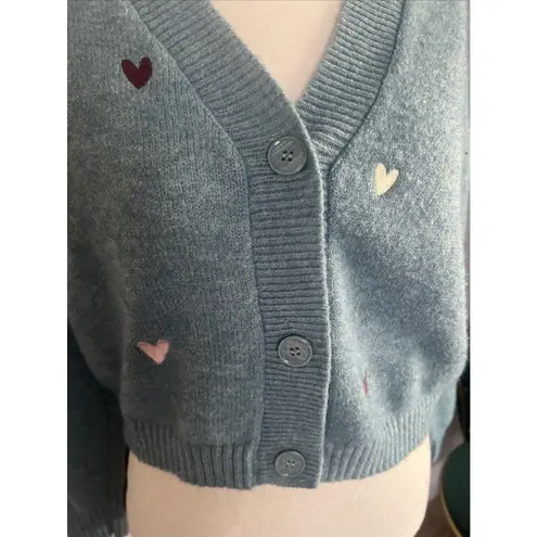 Witty Fox Ditzy Floral Small Blue Cropped Button Sweater Embroidered Hearts