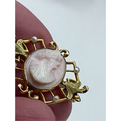 Antique 10K gold real carved cameo Edwardian stamped vintage seed pearls Pink