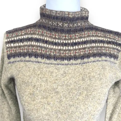 Vintage 90s Fair Isle Wool Cropped Tan Turtleneck Ski Lodge Cozy Knit Sweater