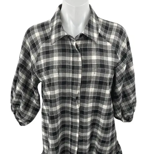 Jonathan Simkhai Crissy Black Plaid Checkered Short Puff Sleeve Mini Shirt Dress