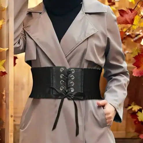 Elegant Lace Up Wide Belt Black Ruffles Bowknot Elastic Waistband Faux Leather