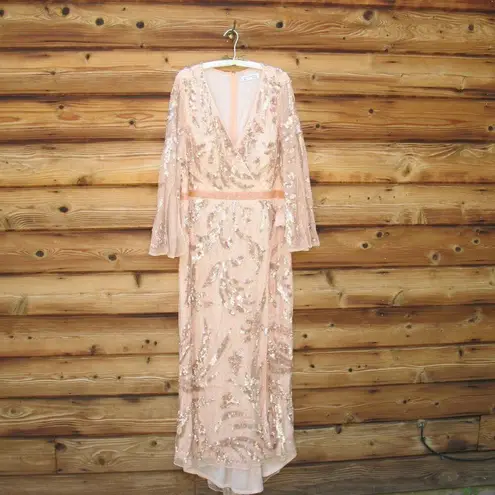 Mac Duggal 5222 Womens SEQUINED FAUX WRAP SPLIT LONG SLEEVE GOWN