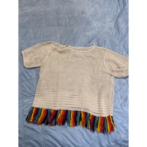 ESCVDO Carisa Crochet Fringe Hem Top Cream Multi Trim Knit Fest Boho – Size S