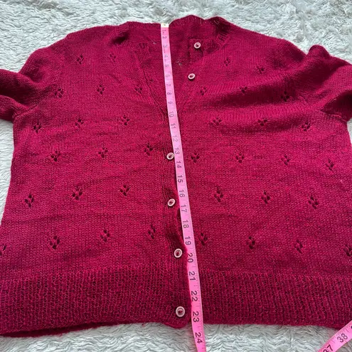 Handmade Gorgeous Knit Berry Red Wool Cardigan Pointelle Fits like Medium