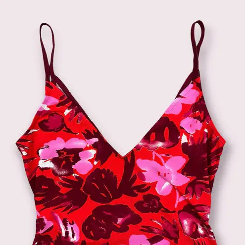 Moda International Vintage Y2K Red Pink Floral Tropical Ruched Keyhole Tank Top