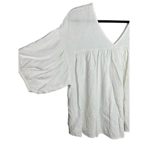 Ces Femme Boho Chic Oversized White V Neck Flowy Tunic Linen Blend Size Small