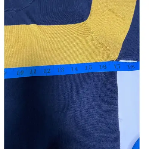 August Silk Sweater Small Navy Yellow Stripe Mock Neck Pullover Long Sleeve