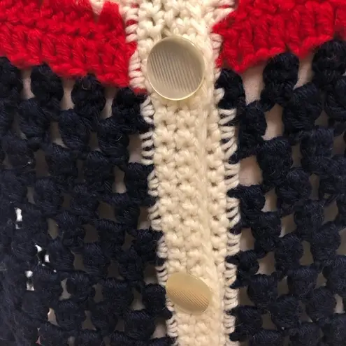 Vintage 80s 90s Crocheted Wool Poncho Cape Red White Blue Large XL