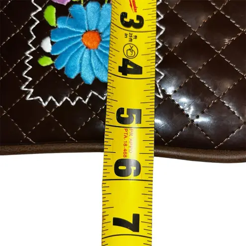 Consuela Quilted Brown Patent w Leather Trim Embroidered Clutch Wristlet NEW