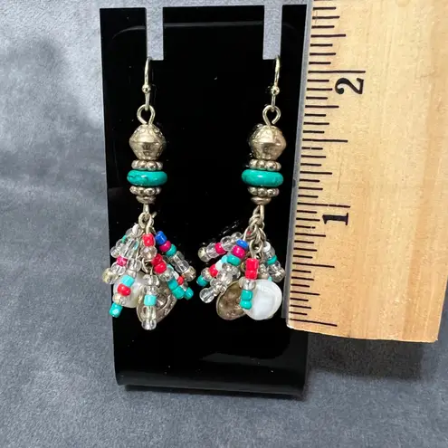 Boho Beaded Dangle Earrings Hammered Metal Beads Turquoise Red Y2K Bohemian Green
