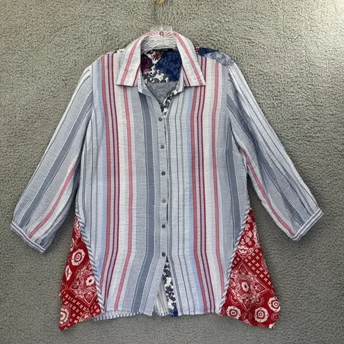 John Mark Button Up Tunic Striped Paisley Red White Blue Boho Women's Medium