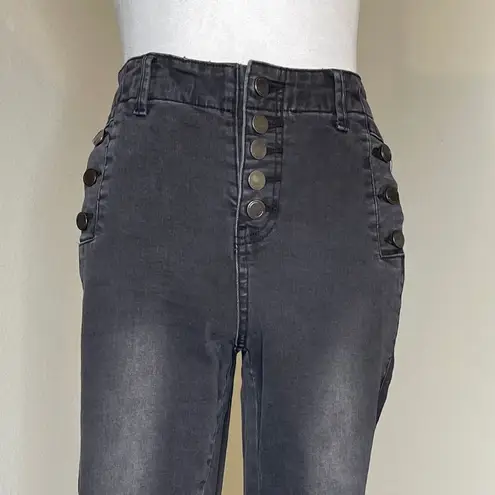 BBJ Women's High Rise Denim Button Fly Side Buttons Acid Wash Skinny Size 7 Black