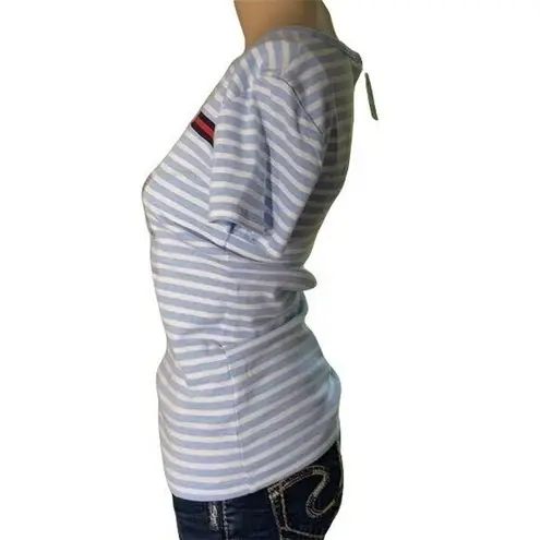 Tommy Hilfiger Womens T Shirt Short Sleeve Striped V Neck Fitted Cotton Blue XS