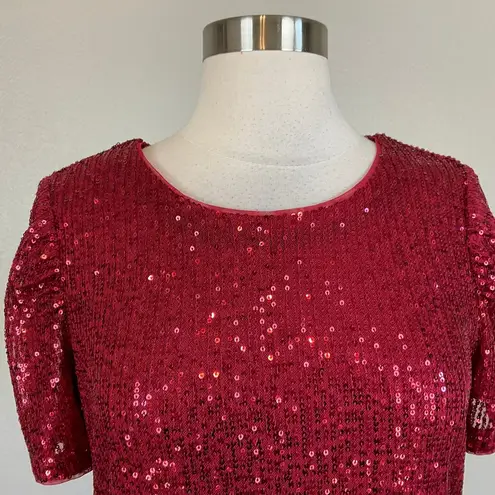 DKNY Women's Cocktail Dress Size 14 Red Sequined Short Sleeve Shift