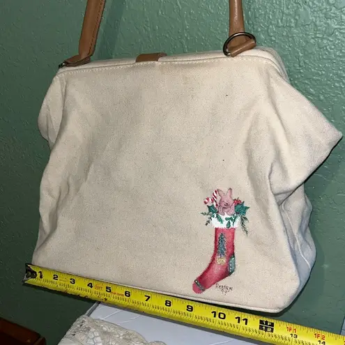 Vintage Hand painted Santa Canvas Tote Bag with Tan Handles Christmas Purse - Image 6