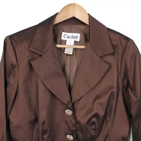 Cachet Womens 8 Satin Metallic Blazer Jacket Ruffled Preppy Edgy Whimsygoth Brown