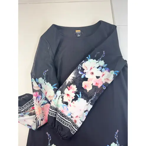 Lori Michaels Black Floral Print Long Sleeve Sheer Dress 6