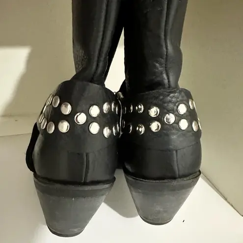 Double H Boots Women's 7 1/2 Black Leather Studded Moto Biker Riding Biker Shoes Size 7.5