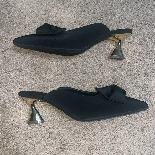Aerosoles Juju Pointed Toe Mule Bow Gold Metallic Heel Black Fabric 11