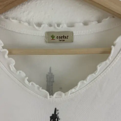 CACTUS Vintage Y2K White Black Paris Eiffel Tower V Neck Graphic Long Sleeve Top Size L