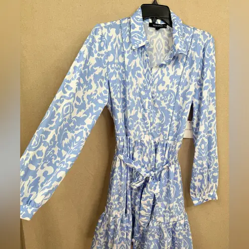 Ellen Tracy Long Sleeve Blue and White Dress Tie Waist Shirtdress Blue Damask S