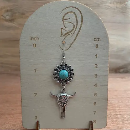 Flower and Steer Skull Earrings with Faux Turquoise