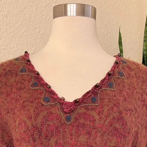 Vintage Boho Sweater Ramie Cotton Mohair Blend fringe beaded knit fall medium Red - Image 9