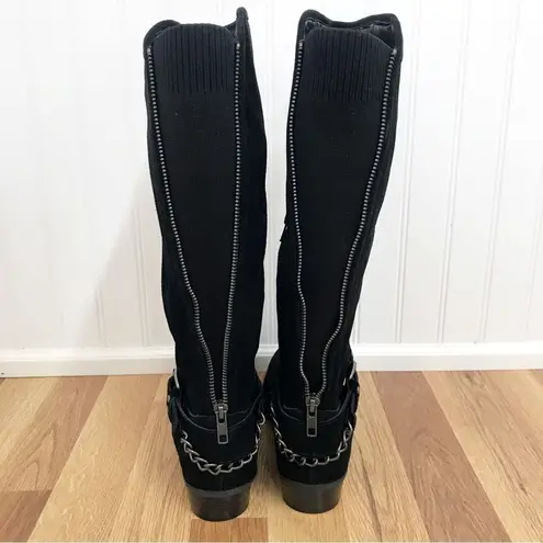 Very Volatile Black Suede Knee High Moto Boot Leather Chain Stud Size 7.5 New