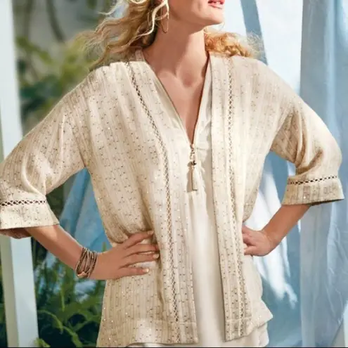 Soft Surroundings NWT Cream Sequin Glamour Kimono Cardigan Medium Bohemian