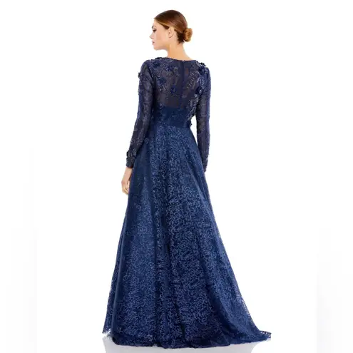 Mac Duggal Women’s Embellished Illusion Long Sleeve A-Line Gown Navy Sz 8- NWOT