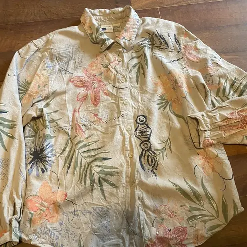 Koret Jacket Women's L Green Floral Linen Long Sleeve Collared Button Front Size L