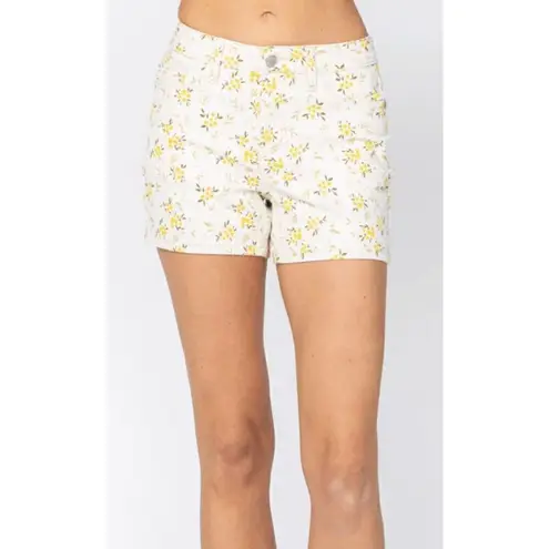 Judy Blue Boho White Yellow Floral Flower Print Stretchy Jean Shorts XL