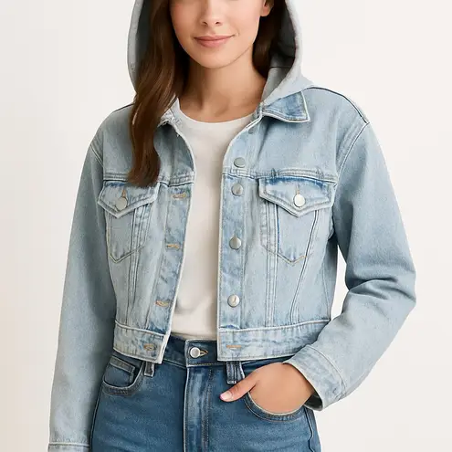 None Vintage Light Wash Cropped Denim Jacket with Hood Size Small