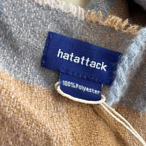 Hat Attack Scarf Plaid Scarf Blue Tan Fringe Ends Blanket Scarf New