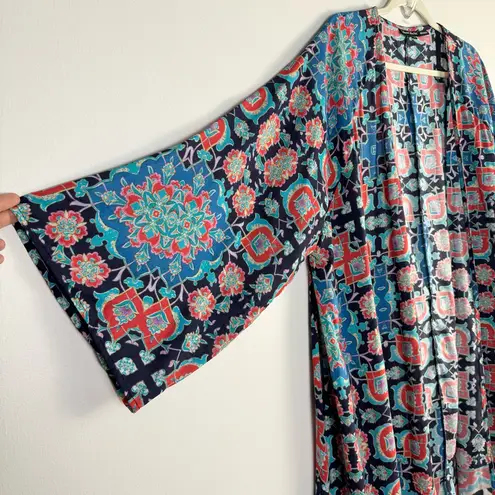 Tolani Collection Kimono Longline Cardigan 1X Blue Red Multicolor Abstract Print