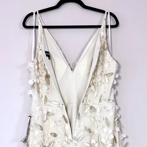 XScape 3D Floral Appliqué Midi Dress in Champagne Size 10