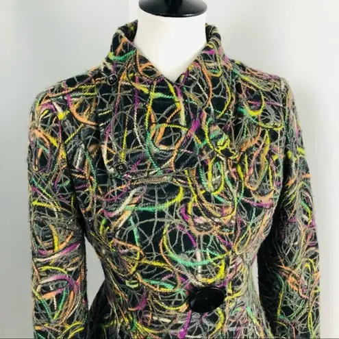 Ecru by Florence Korn Multicolored Yarn Scribbles Fitted Pea Coat Jacket Sz 6