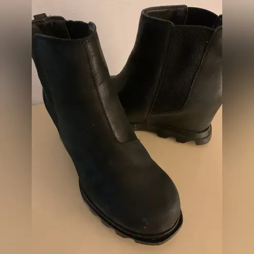 Sorel  women black leather platform Joan Rhapsody waterproof wedge boots 8.5