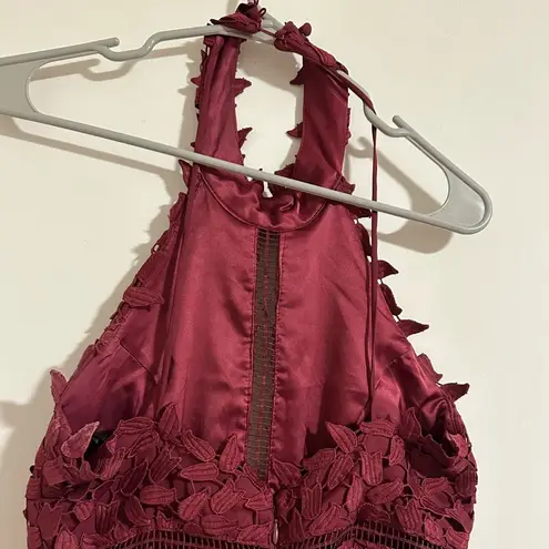 Bardot  Gemma Leaf embroidered burgundy dress halter top x Revolve