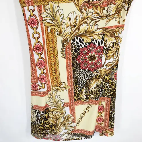 Cache Small Top Blouse Drape V Neck Faux Wrap Gold Red Regal Animal Leaf 913