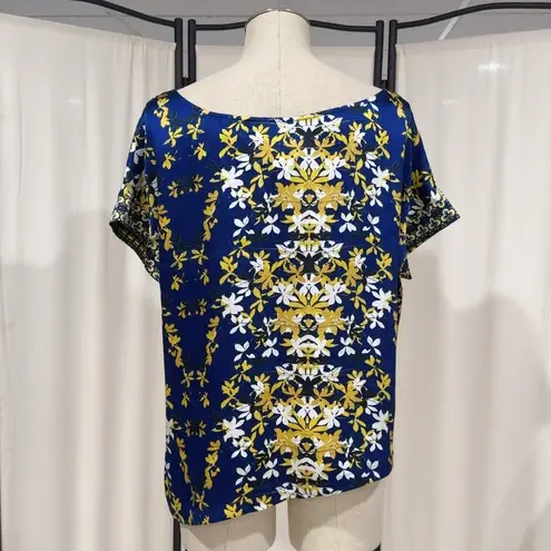 Just Cavalli Blue Floral Print Short Sleeve Silk Blouse Italy Size 44 - US 8