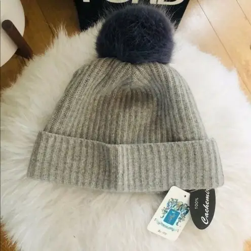 Portolano Cashmere & Faux Fur Pompom Beanie Hat, Gray, One Size, Luxurious, NWT