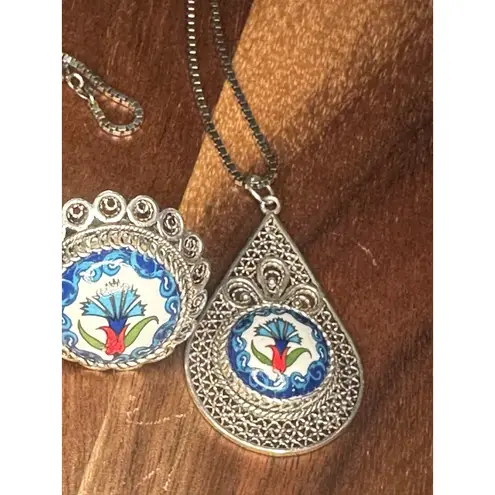 DGS Sterling Silver 925 Filigree Handpainted Ceramic Ring & Pendant Sz 6.5