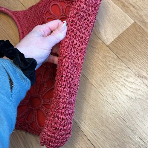 Vtg Crochet Handbag Red Daisy Retro Tote Purse