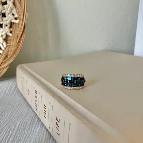 18KGE RSC Blue Glass Statement Ring Covenant Elegant Vintage Sparkly Glam Jewelry