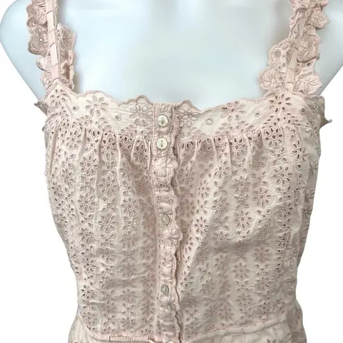 Unsubscribed Pink Eyelet Embroidered Sleeveless Ruffles Peplum Button Tank Top 4