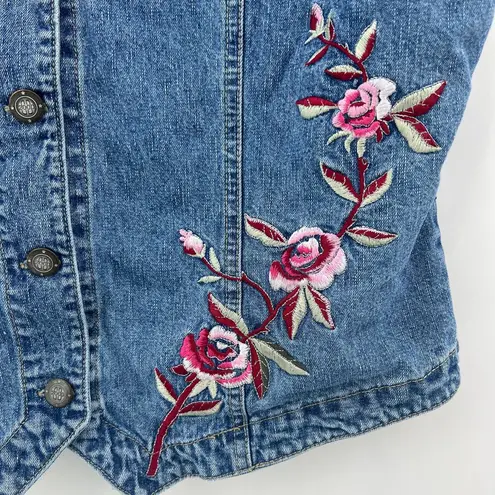 Bill Blass  (L) VINTAGE Y2K Blue Denim Pink Floral Embroidered Vest Jean Jacket