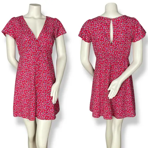 My Michelle  Sundress‎ Red Floral Ditsy Print Dress Medium Flutter Sleeves V-Neck