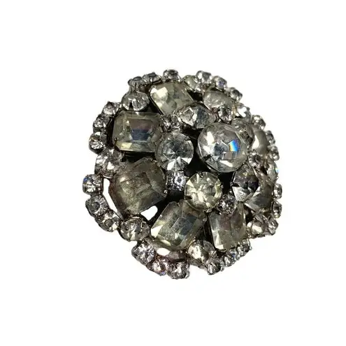 Vintage 2" Dome Silver Tone Clear Rhinestone Brooch